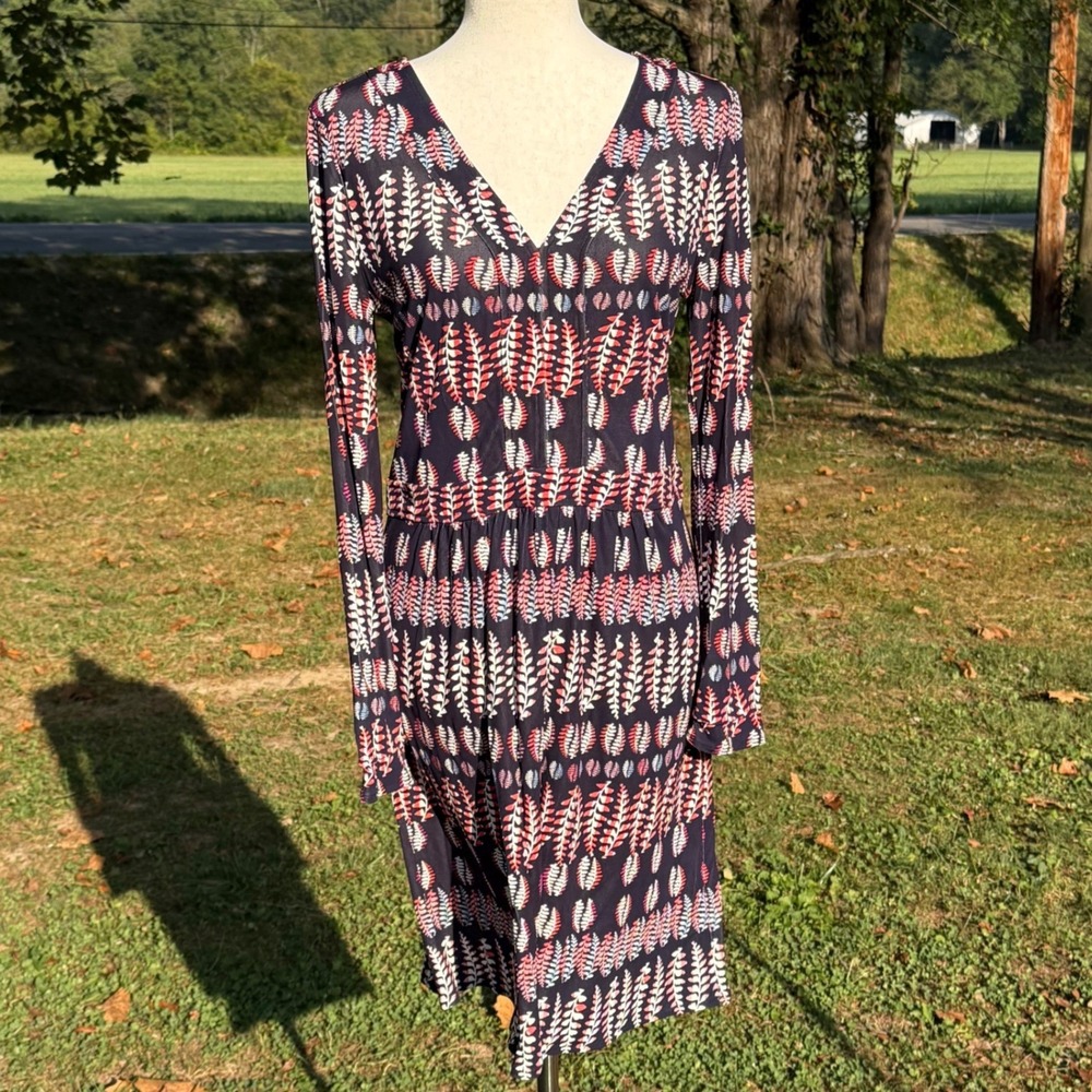 Tory Burch Navy Red Botanical Leaf V-Neck Jersey Dress Size M 51152494 Designer